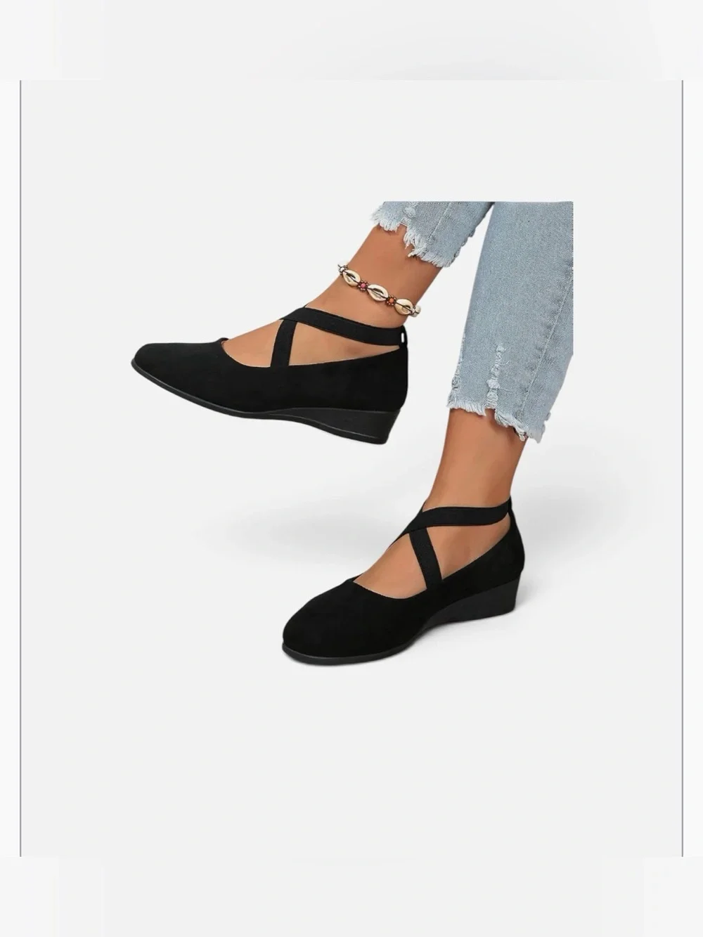 Black Cross-Strap Wedge Flats - Women
